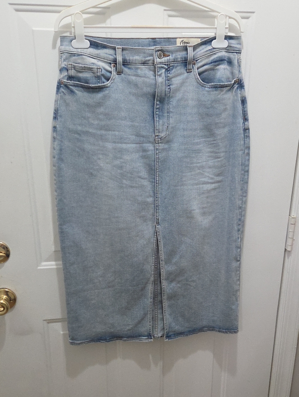 Cosmic Blue Love Light Wash Denim Midi Skirt with Front Slit 14/32